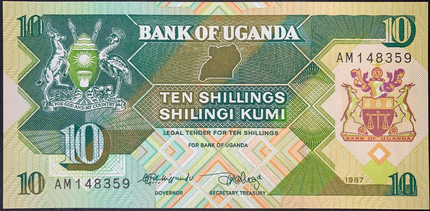 front of Uganda 10 Shillings 1987 P-28 collectible vintage african banknote