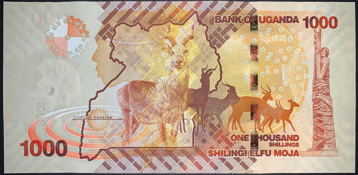 back of Uganda 1,000 Shillings 2010 P-49a collectible vintage african banknote