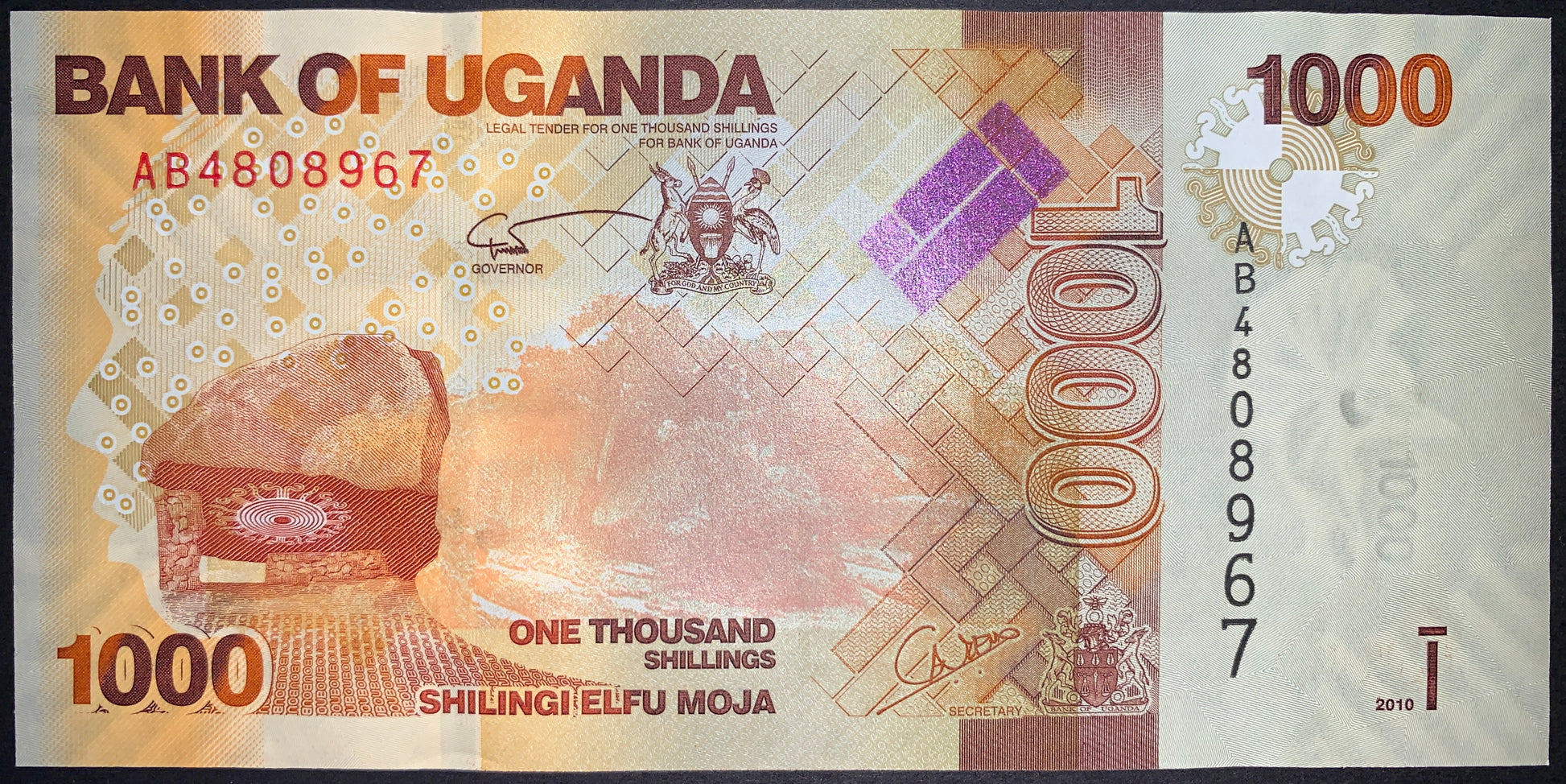 front of Uganda 1,000 Shillings 2010 P-49a collectible vintage african banknote
