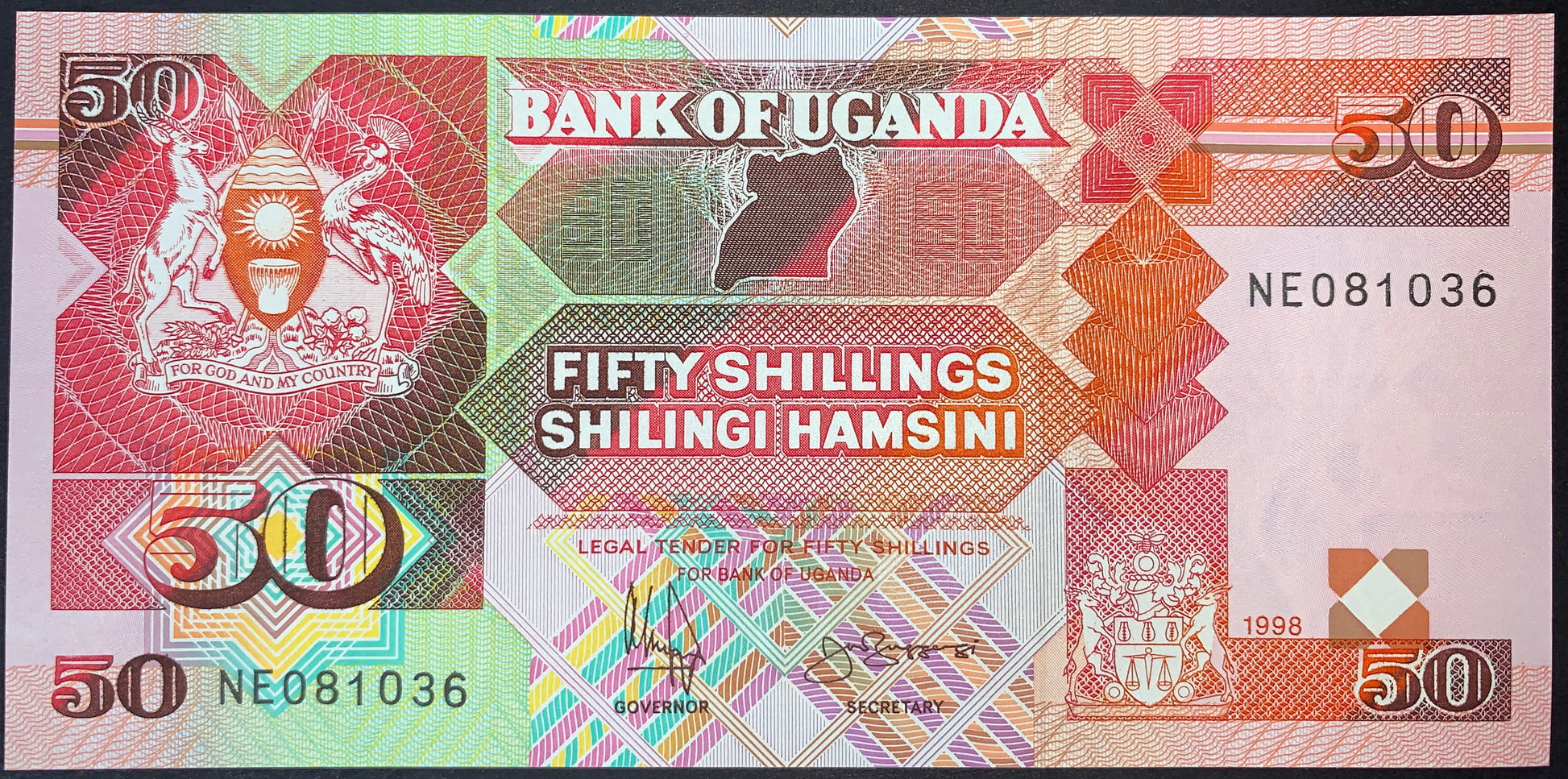 front of Uganda 50 Shillings 1998 P-30c collectible vintage african banknote