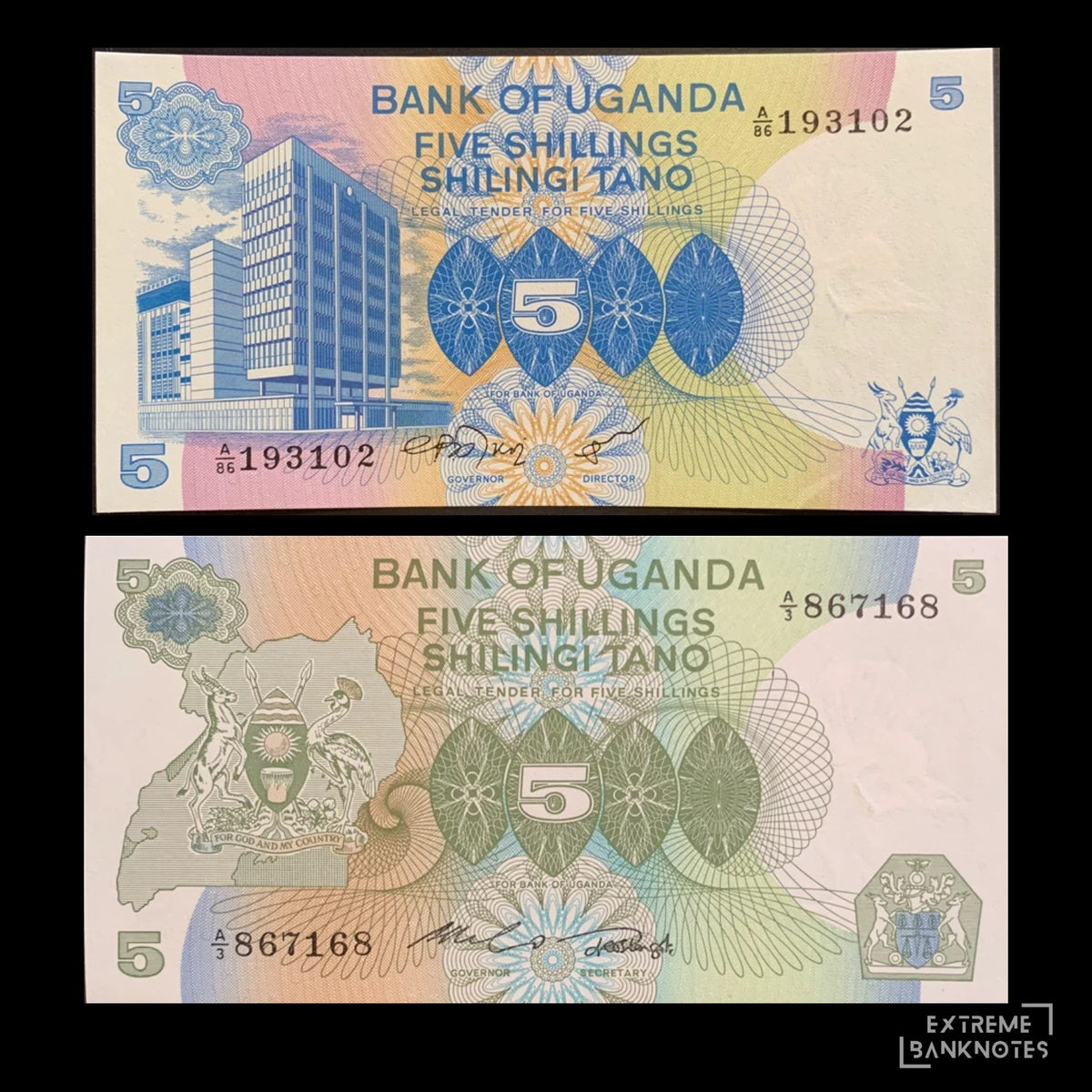 Uganda 5 Shilingi 1979 & 1982 UNC – Variation Bundle