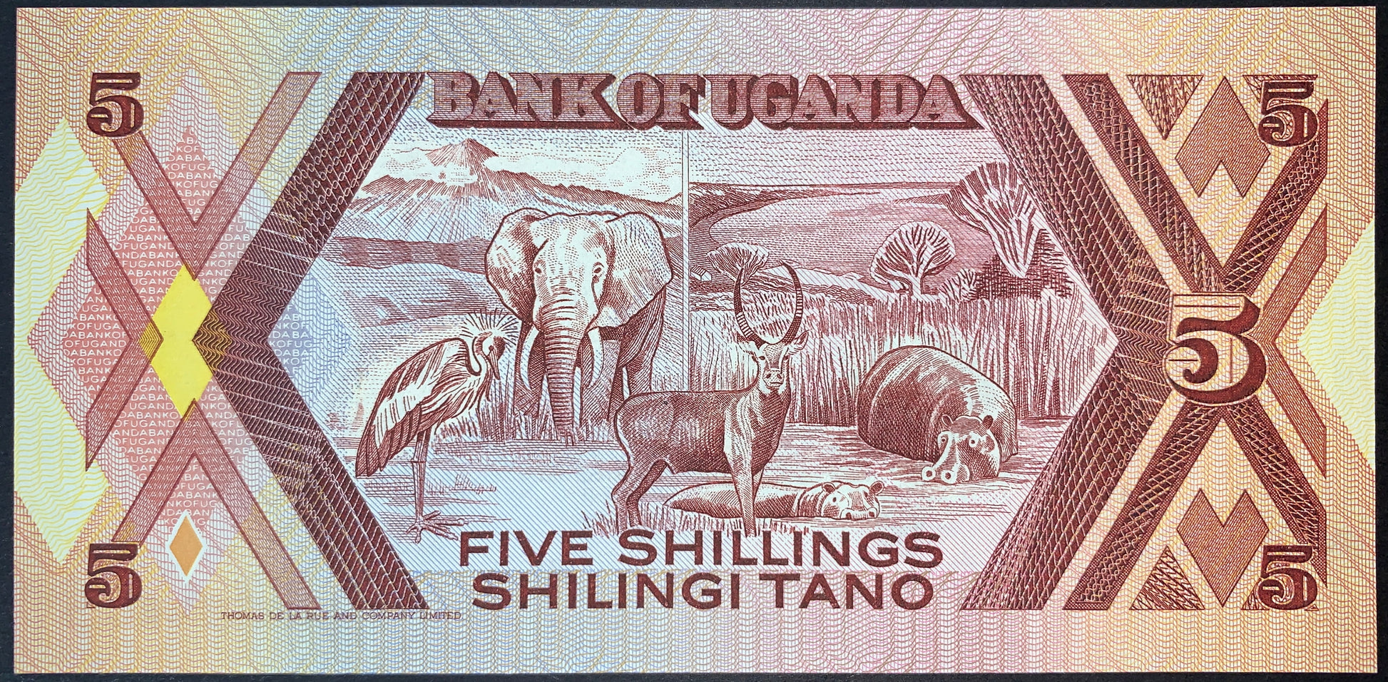 back of Uganda 5 Shillings 1987 P-27 collectible vintage african banknote