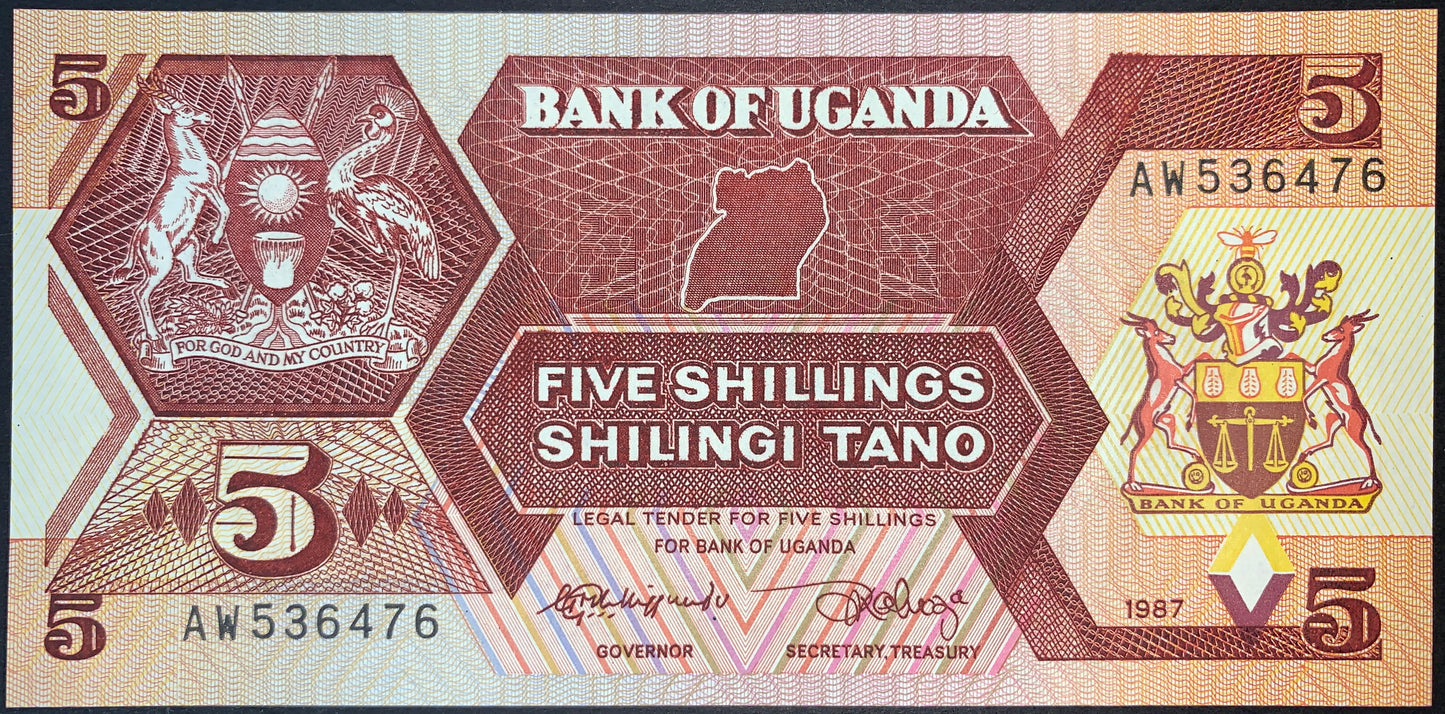 front of Uganda 5 Shillings 1987 P-27 collectible african vintage banknote