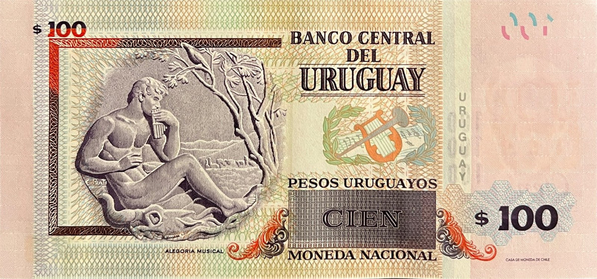 Back view of a 2019 Uruguay 100 Pesos Uruguayos banknote showing the Alegoría Musical, a figure playing pan pipes.