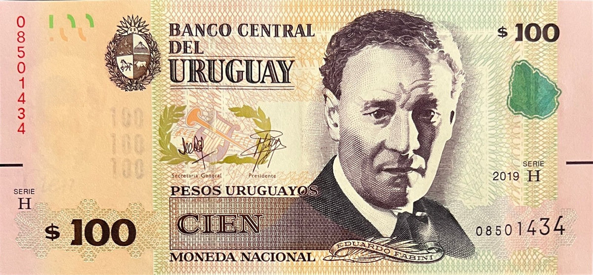 Front view of an uncirculated 2019 Uruguay 100 Pesos Uruguayos banknote featuring composer Eduardo Fabini and the coat of arms of Uruguay.