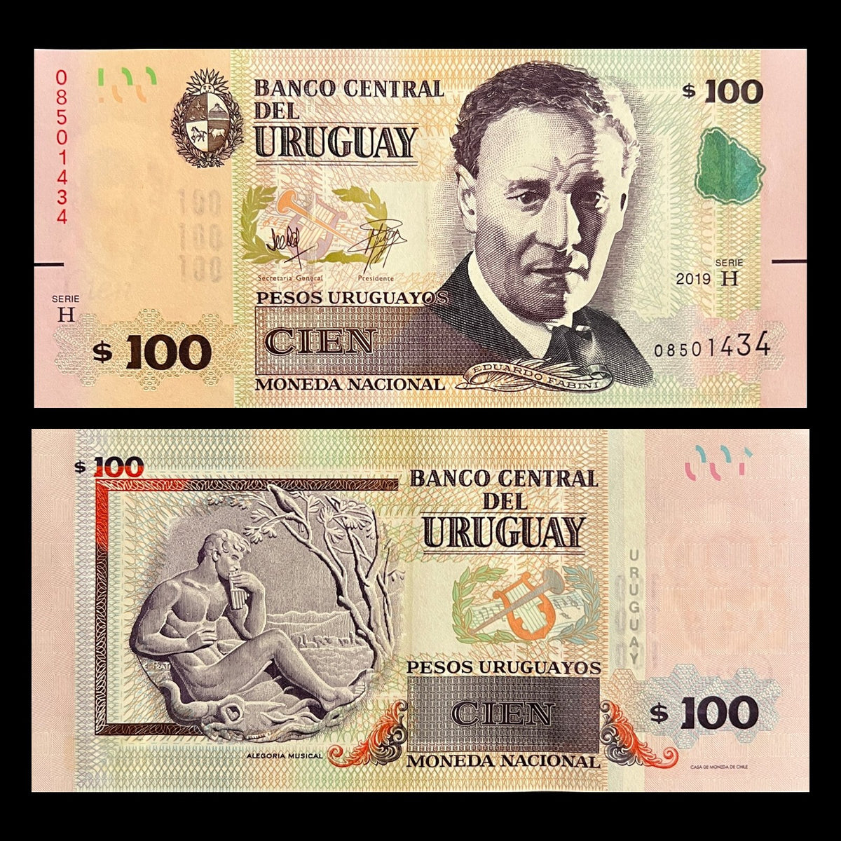 Uruguay 100 Pesos Uruguayos 2019 P-95 UNC banknote – front with composer Eduardo Fabini, back with the musical allegory pan-pipe player
