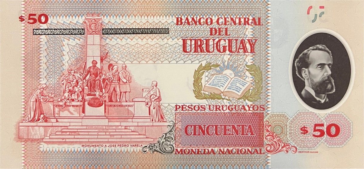 Back view of a 2021 Uruguay 50 Pesos Uruguayos polymer banknote showing the Monument to José Pedro Varela and an open book.