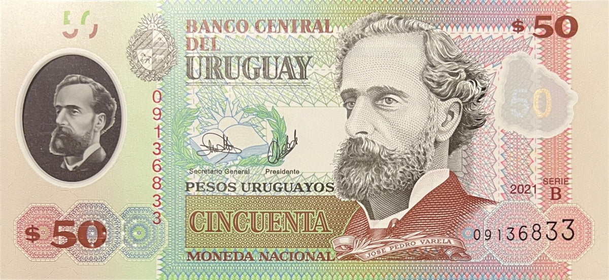 Front view of an uncirculated 2021 Uruguay 50 Pesos Uruguayos polymer banknote featuring education reformer José Pedro Varela.