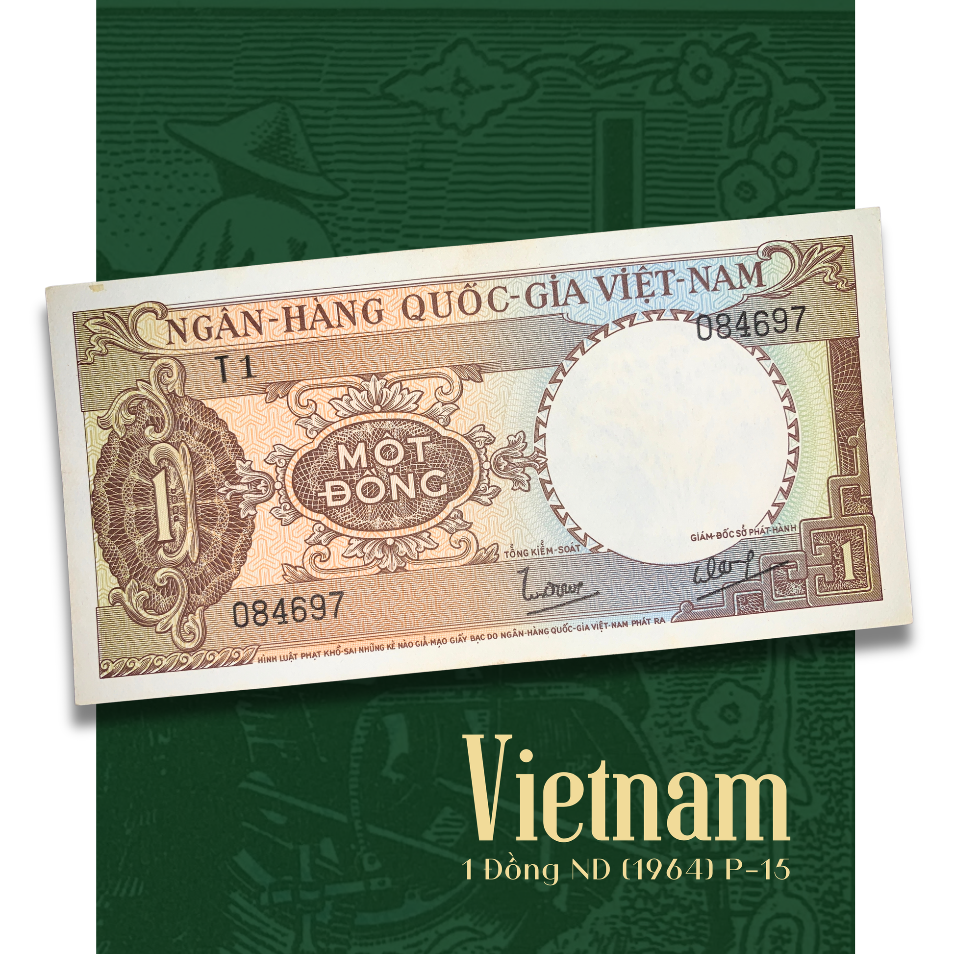 South Vietnam 1 Đồng ND (1964) P-15 AUNC banknote displayed on a collector presentation background, featuring the National Bank of Vietnam design and ornate multicolor engraving