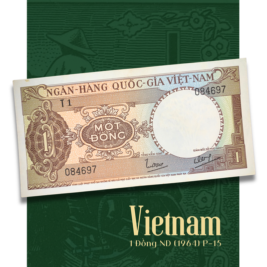 South Vietnam 1 Đồng ND (1964) P-15 AUNC banknote displayed on a collector presentation background, featuring the National Bank of Vietnam design and ornate multicolor engraving
