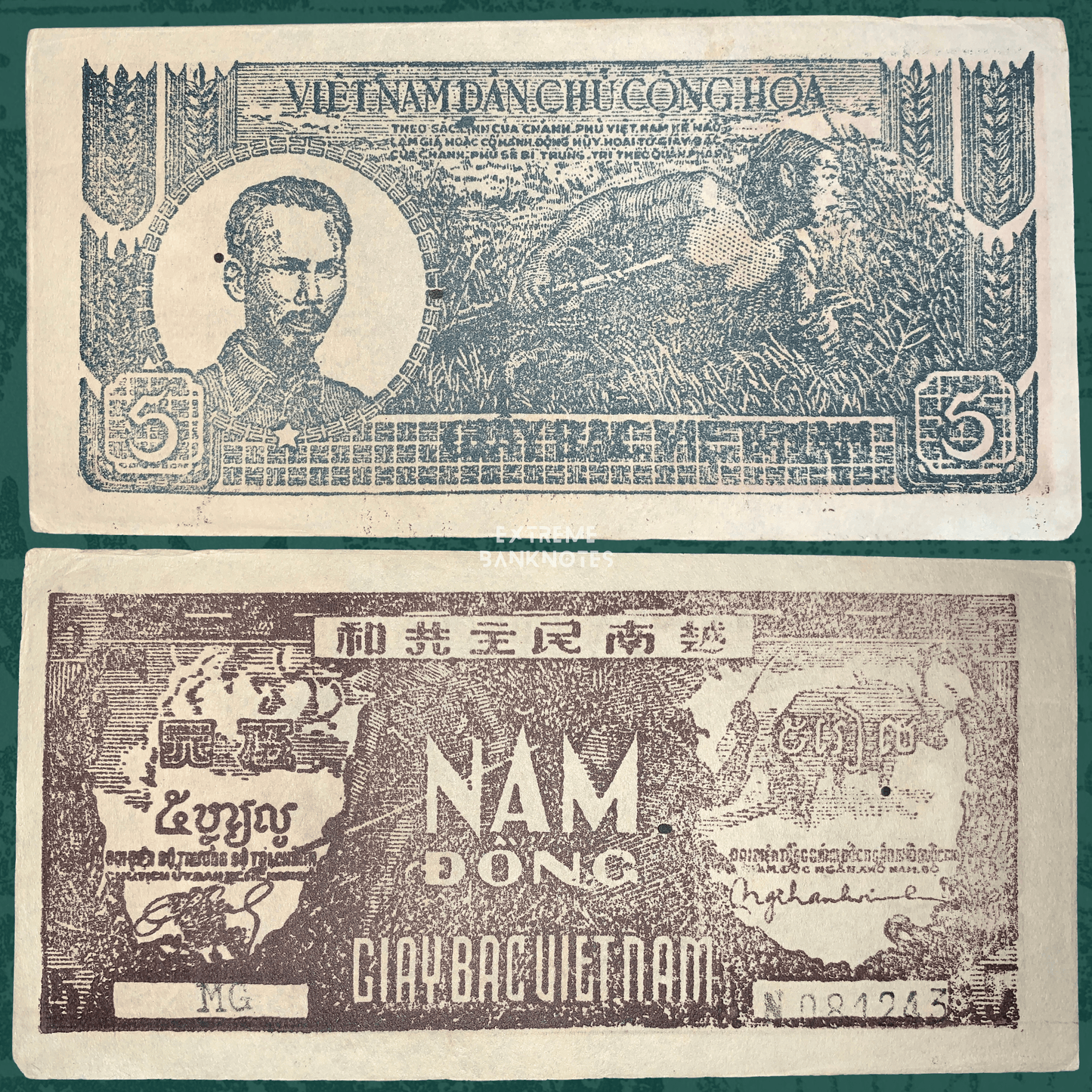 Front and back of an authentic Vietnam 5 Dong 1948 P-17a3 banknote displayed together, featuring Nguyễn Ái Quốc (Ho Chi Minh), a rice harvester, multilingual inscriptions, and the "Năm Đồng" denomination on the reverse.