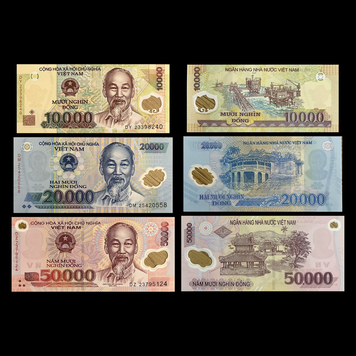Vietnam 10,000, 20,000 & 50,000 Dong polymer P-119, P-120, P-121 UNC set – fronts with Ho Chi Minh, backs with an offshore oil rig, the Japanese Bridge in Hội An and Huế pavilions