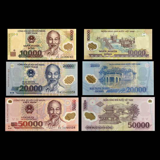 Vietnam 10,000, 20,000 & 50,000 Dong polymer P-119, P-120, P-121 UNC set – fronts with Ho Chi Minh, backs with an offshore oil rig, the Japanese Bridge in Hội An and Huế pavilions