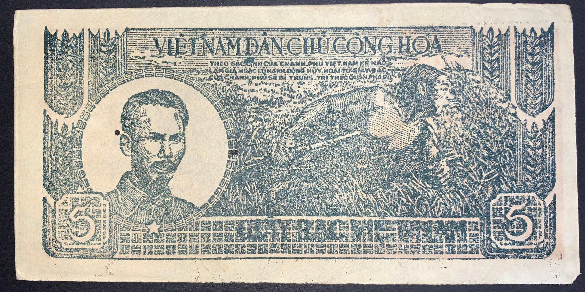 Obverse of an authentic Vietnam 5 Dong 1948 P-17a3 banknote featuring a portrait of Nguyễn Ái Quốc (Ho Chi Minh), a farmer harvesting rice, ornate geometric borders, and the 5 Đồng denomination.