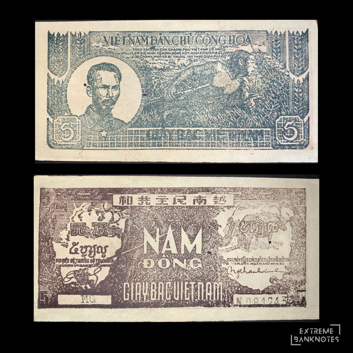 Front and back of an authentic Vietnam 5 Dong 1948 P-17a3 banknote displayed together, featuring Nguyễn Ái Quốc (Ho Chi Minh), a rice harvester, multilingual inscriptions, and the "Năm Đồng" denomination on the reverse.