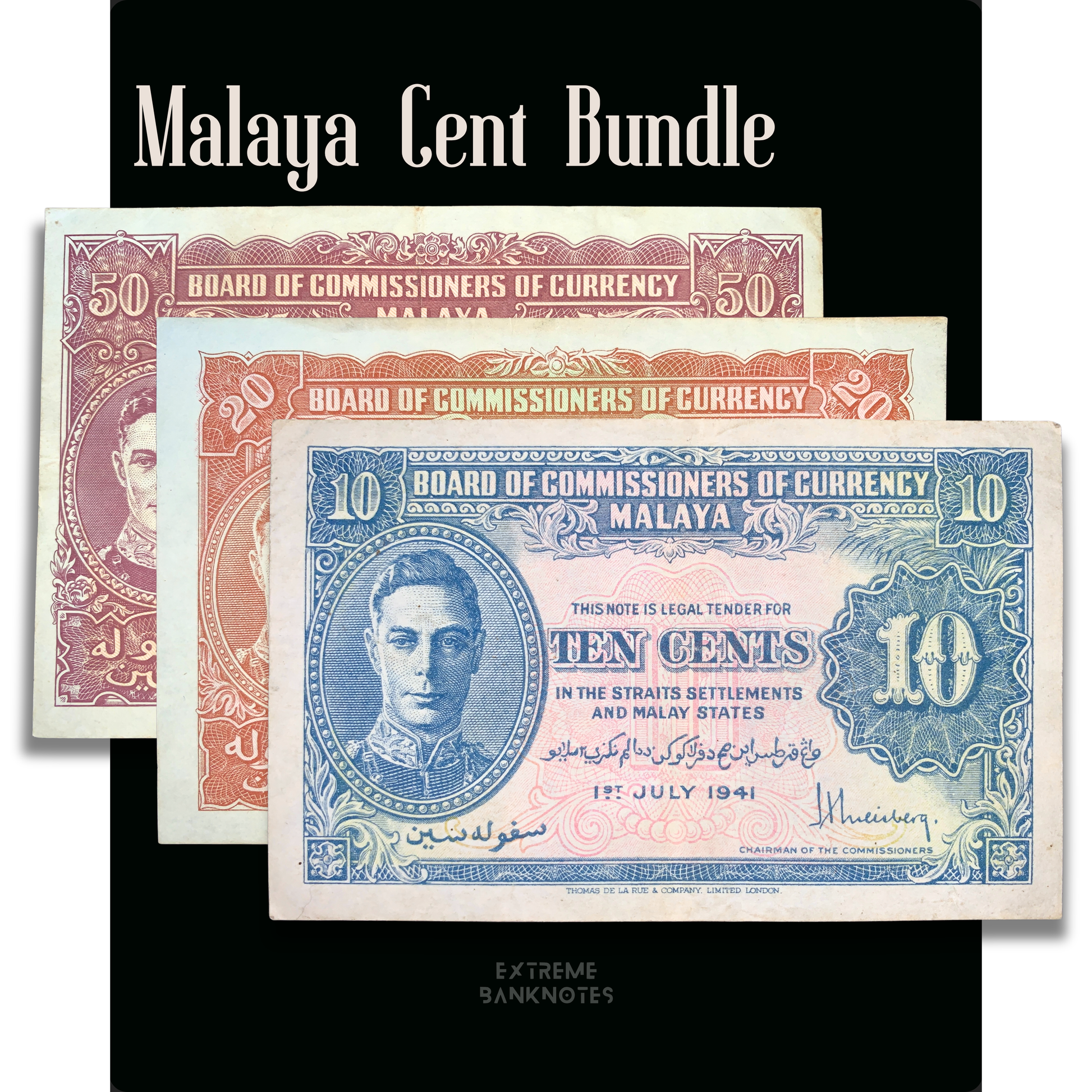 Malaya Cent Banknote Bundle featuring authentic 1941 10 Cents P-8 AUNC, 20 Cents P-9 VF, and 50 Cents P-10 VF collectible banknotes issued by the Board of Commissioners of Currency.