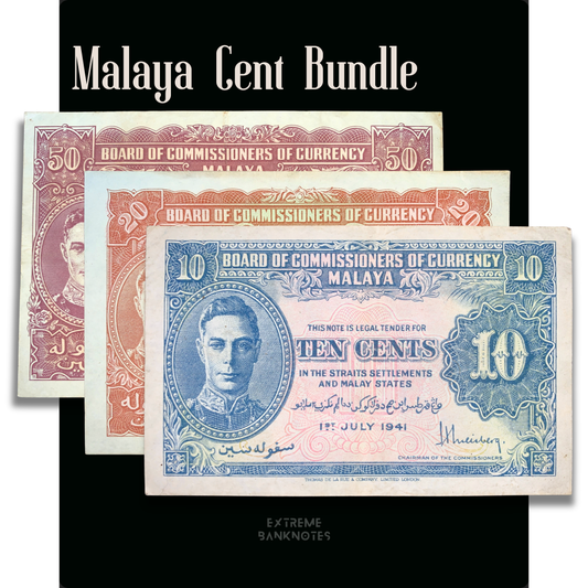 Malaya Cent Banknote Bundle featuring authentic 1941 10 Cents P-8 AUNC, 20 Cents P-9 VF, and 50 Cents P-10 VF collectible banknotes issued by the Board of Commissioners of Currency.