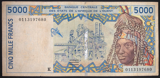 Western African States, Senegal 5000 Francs 1992 P-13 G vintage banknote with portrait of woman