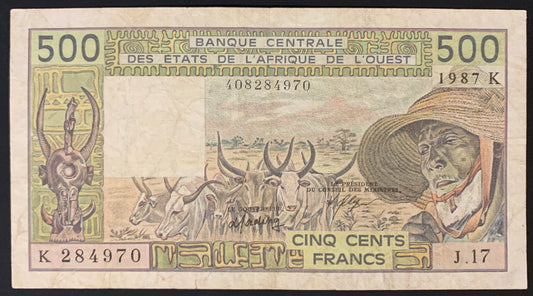 Western African States, Senegal 500 Francs 1987 P-706Kj VF vintage collectible banknote with wooden carved mask, herd of Zebu and a Herdsman