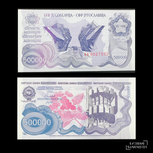 Yugoslavia 500000 Dinara 1989 P-98a – WWII Memorial Monument – front and back