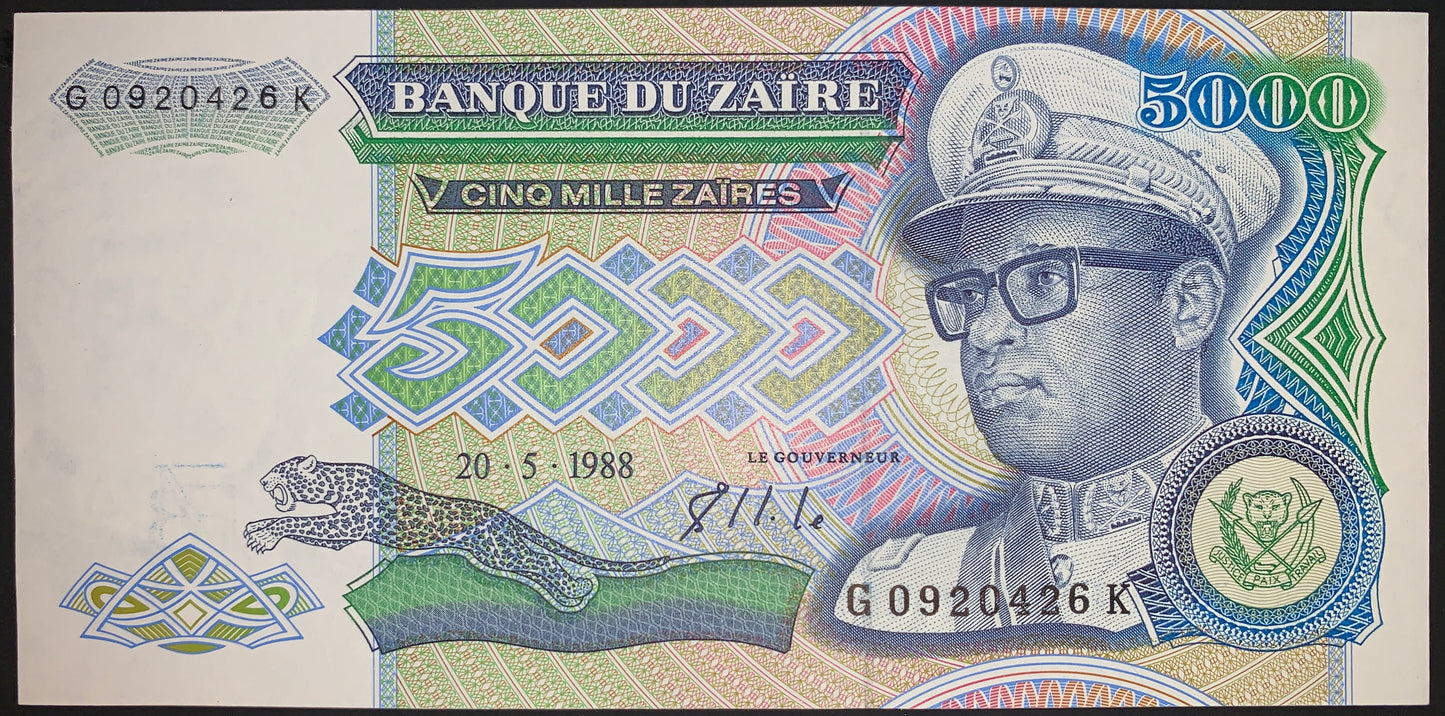 Zaïre 5000 Zaïres 1988 P-37b UNC vintage african banknote with portrait of Mobutu Sese Seko and leaping jaguar