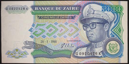 Zaïre 5000 Zaïres 1988 P-37b UNC vintage african banknote with portrait of Mobutu Sese Seko and leaping jaguar
