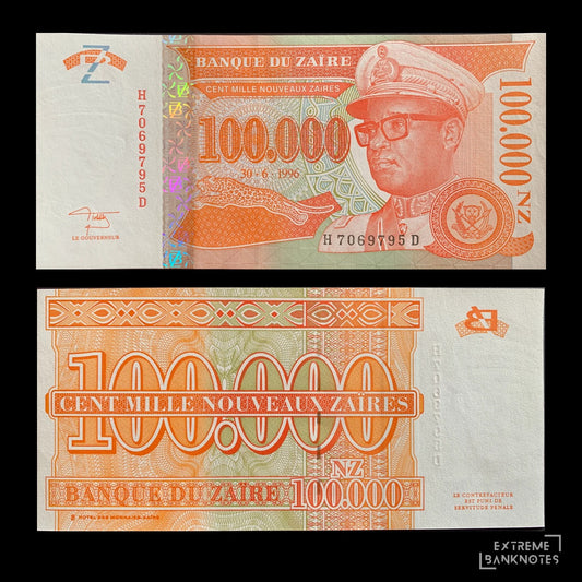Zaïre 100 000 Nouveaux Zaïres 1996 P-77 UNC – front and back