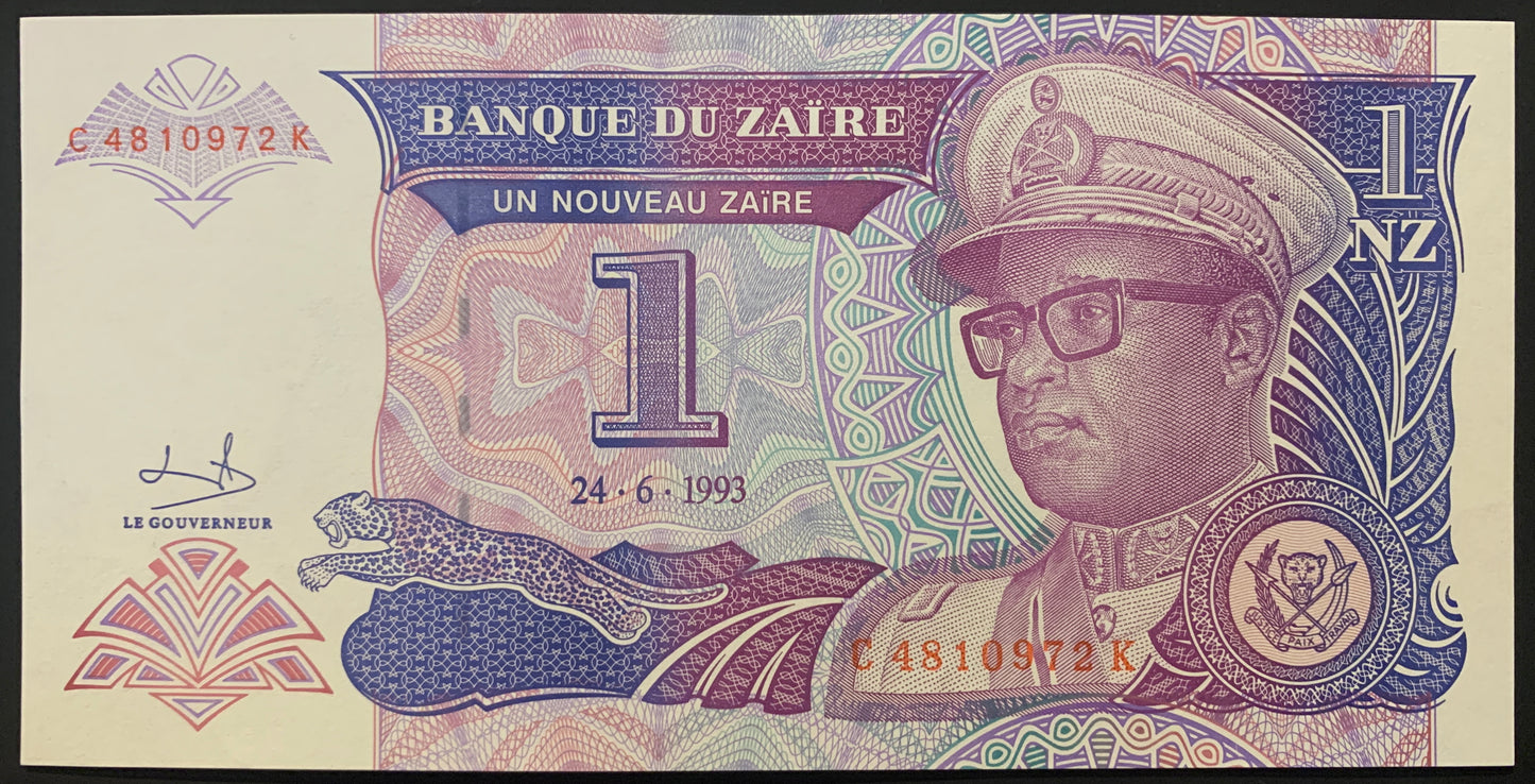 Zaire 1 Nouveau Zaïre 1993 P-52 collectible banknote front with portrait of Mobutu Sese Seko and leabing leopard