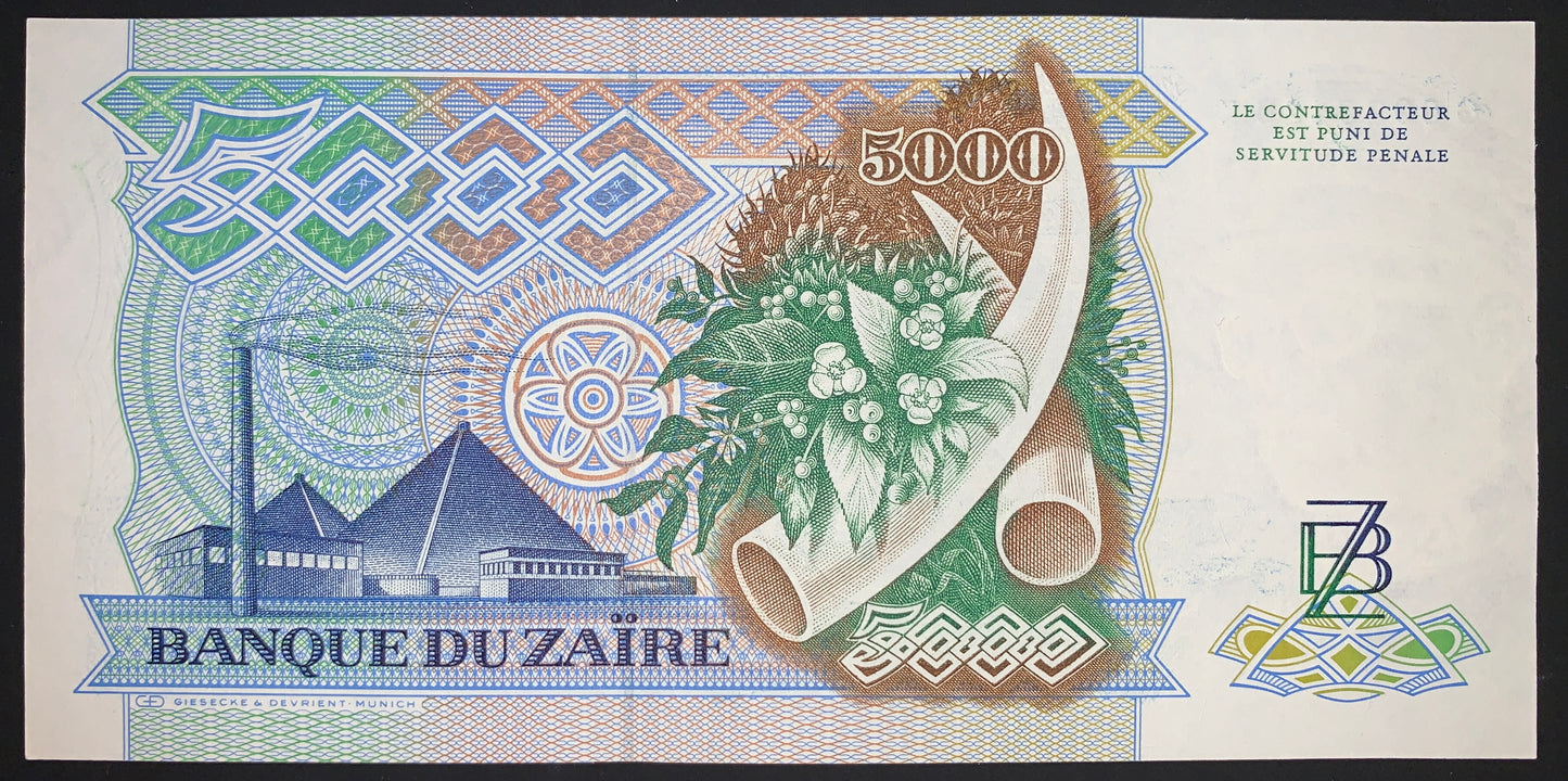 Zaïre 5000 Zaïres 1988 P-37b UNC vintage african currency with mining industry and ivory horns with flowers