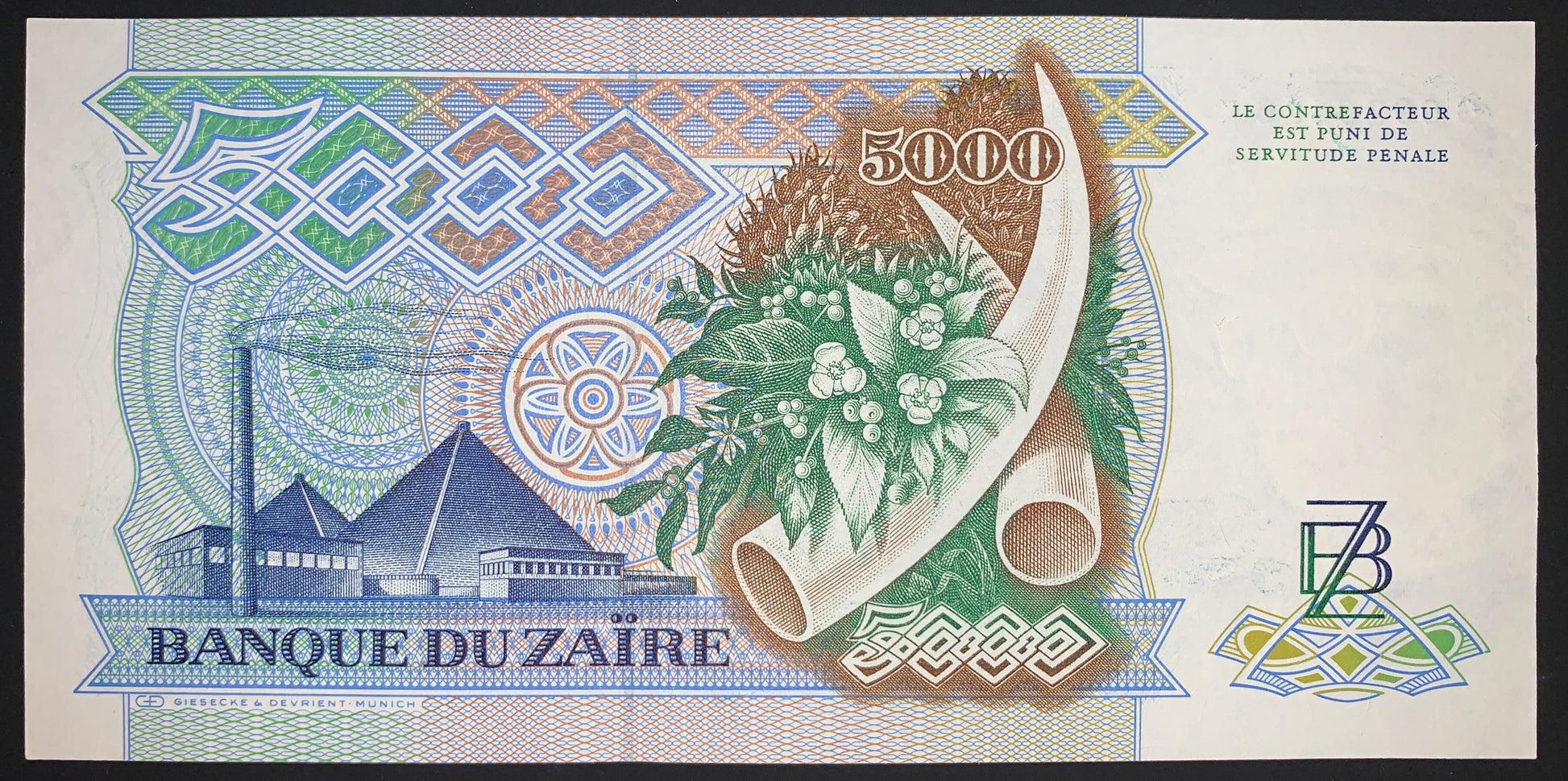 Zaïre 5000 Zaïres 1988 P-37b UNC vintage african currency with mining industry and ivory horns with flowers