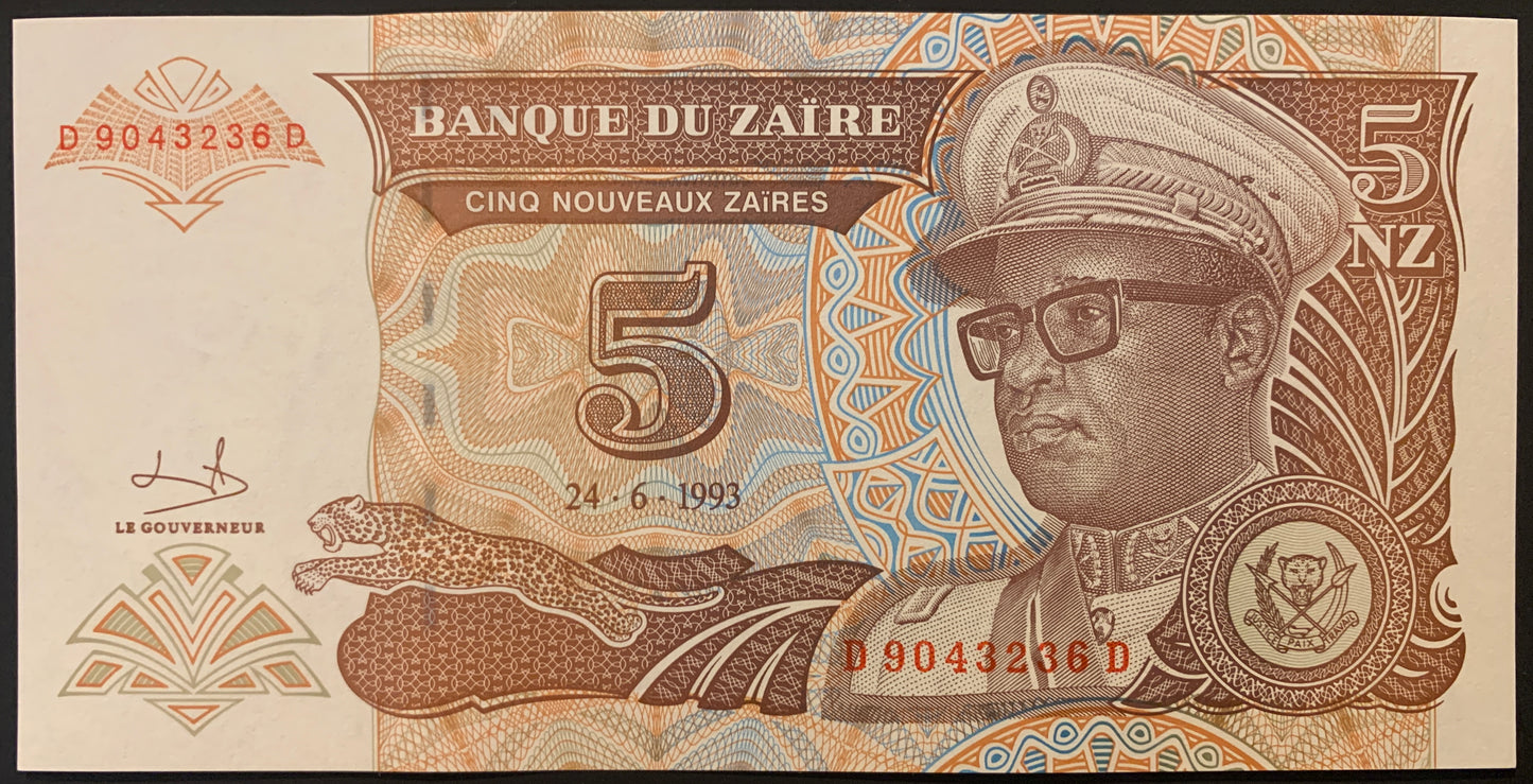 Zaire 5 Nouveaux Zaïres 1993 P-53 collectible banknote front with portrait of Mobutu Sese Seko and leaping leopard