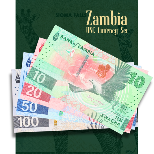 Zambia currency set with colorful banknotes on a green background