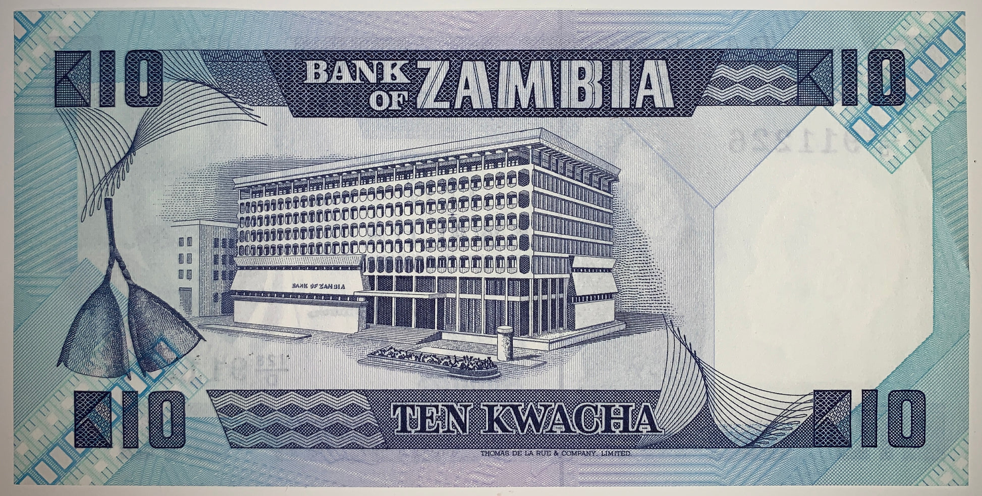 Zambia 10 Kwacha ND 1986–1988 P-26e UNC banknote back showing Bank of Zambia