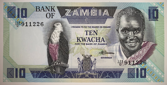 Zambia 10 Kwacha ND 1986–1988 P-26e UNC banknote front with Kenneth Kaunda portrait and african fish eagle
