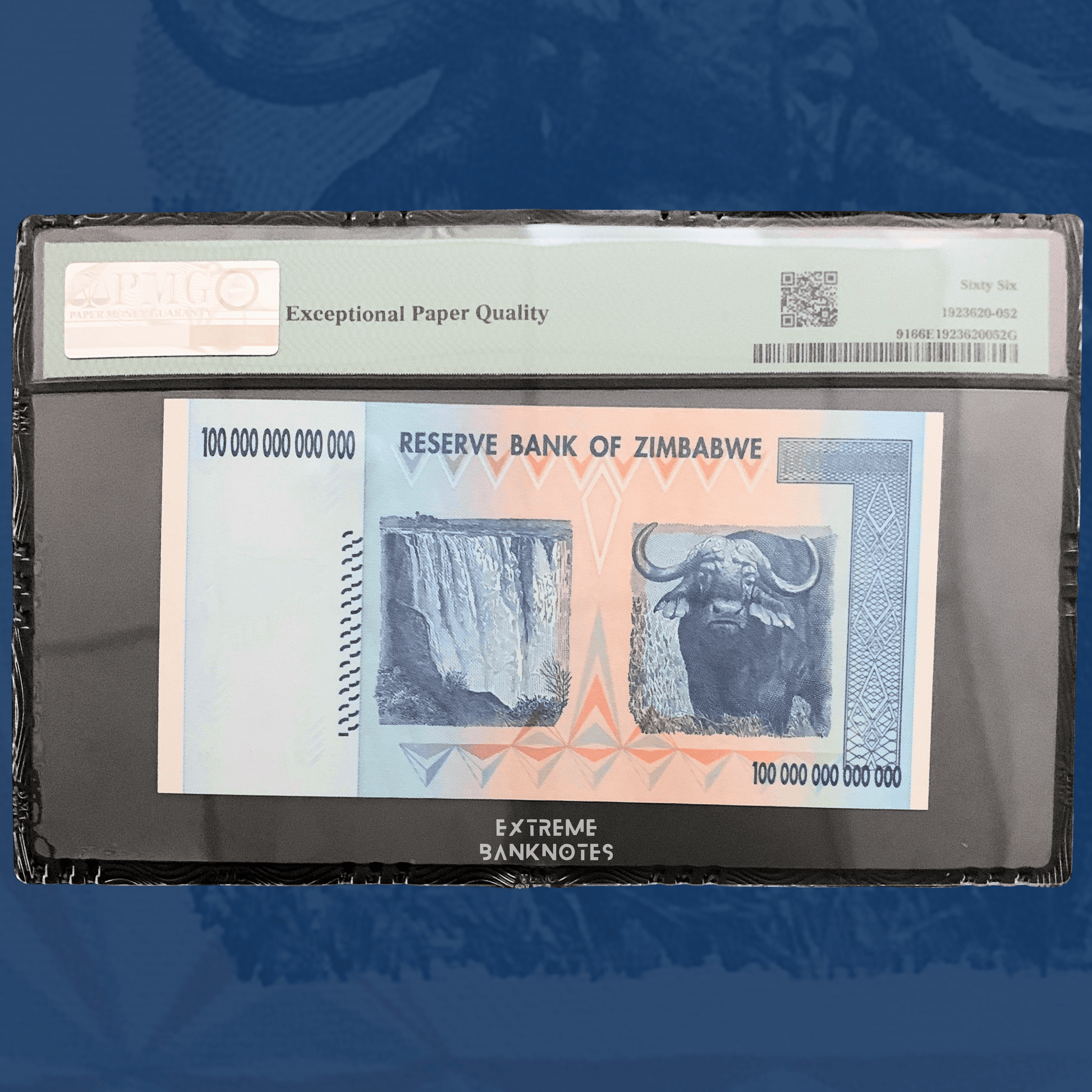 Reverse of PMG-certified Zimbabwe 100 Trillion Dollars banknote from 2008, Pick 91, graded PMG 66 EPQ Gem Uncirculated. Design depicts Victoria Falls and an African buffalo, with intricate security patterns and exceptionally well-preserved paper quality displayed in a PMG protective holder.