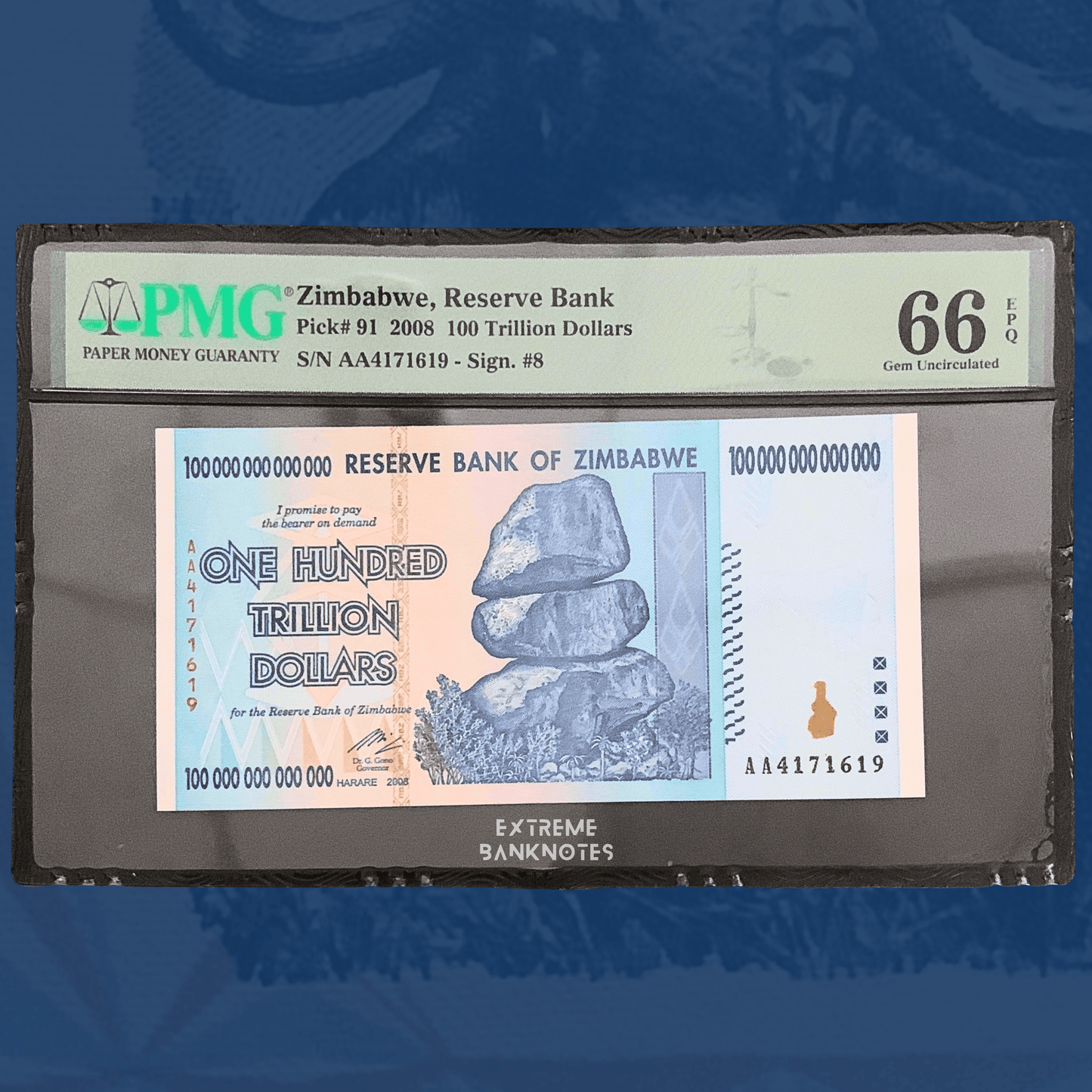 PMG-certified Zimbabwe 100 Trillion Dollars banknote issued in 2008, Pick 91, graded PMG 66 EPQ Gem Uncirculated. Front side features the iconic Chiremba Balancing Rocks, large "One Hundred Trillion Dollars" denomination, and crisp original paper quality preserved within a PMG holder.