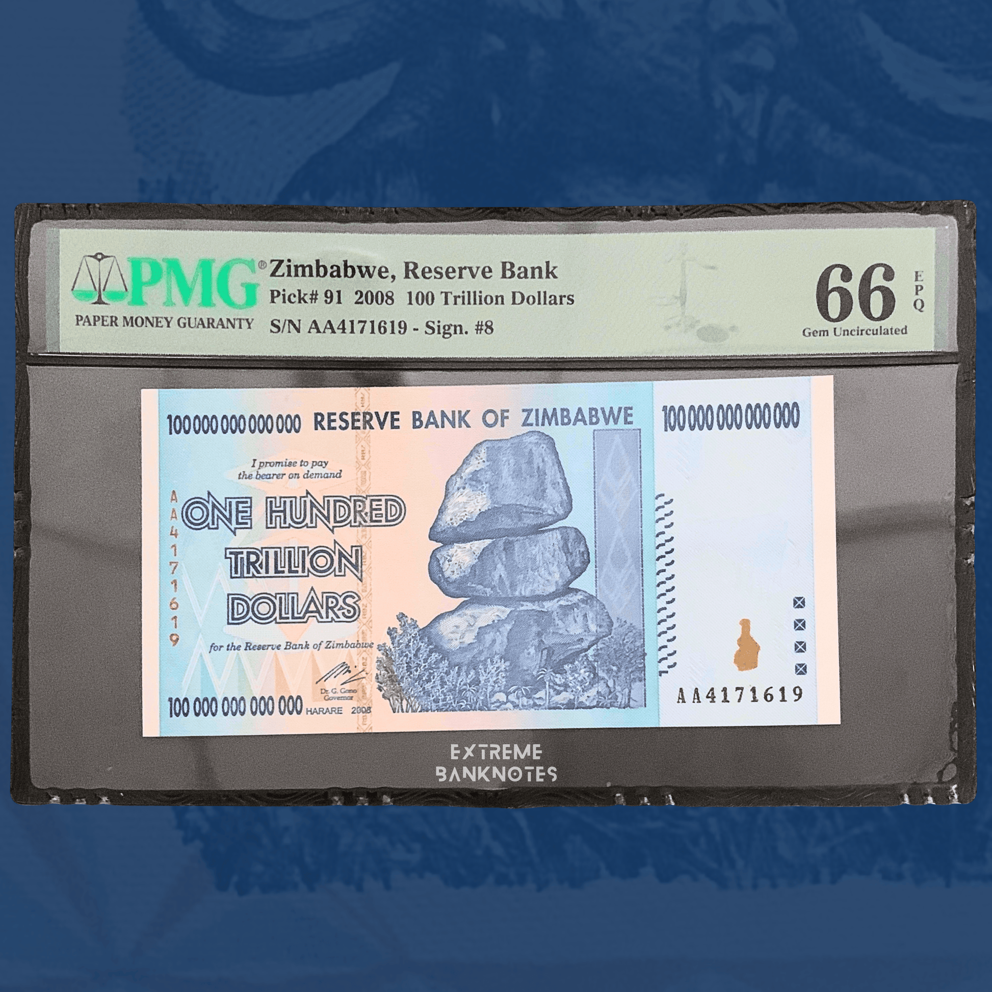 PMG-certified Zimbabwe 100 Trillion Dollars banknote issued in 2008, Pick 91, graded PMG 66 EPQ Gem Uncirculated. Front side features the iconic Chiremba Balancing Rocks, large "One Hundred Trillion Dollars" denomination, and crisp original paper quality preserved within a PMG holder.