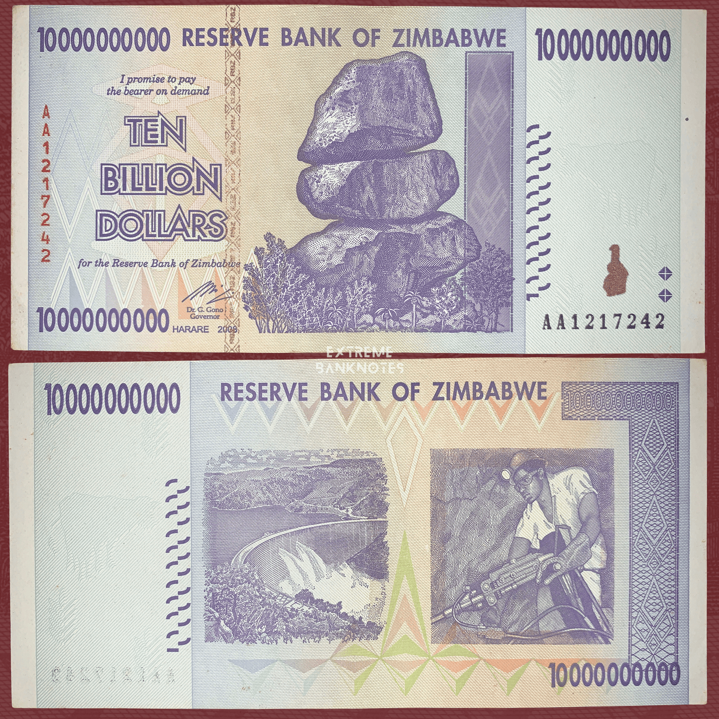 Authentic Zimbabwe 10 Billion Dollars banknote 2008 P-83 featuring Chiremba Balancing Rocks on the obverse and Kariba Dam with a miner underground on the reverse.