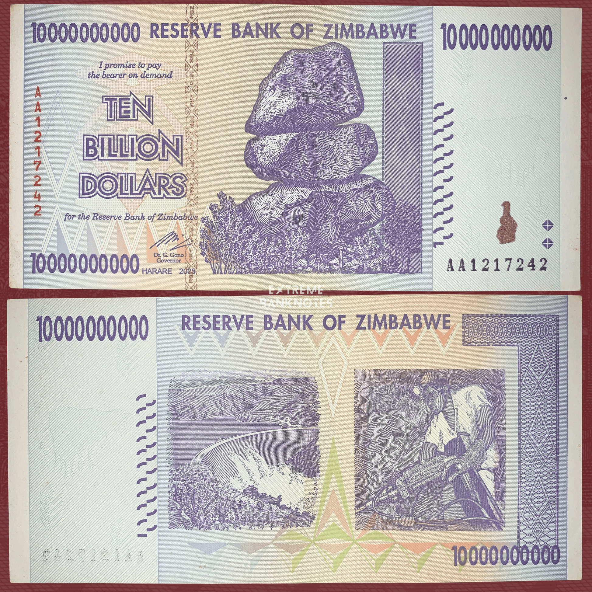 Authentic Zimbabwe 10 Billion Dollars banknote 2008 P-83 featuring Chiremba Balancing Rocks on the obverse and Kariba Dam with a miner underground on the reverse.