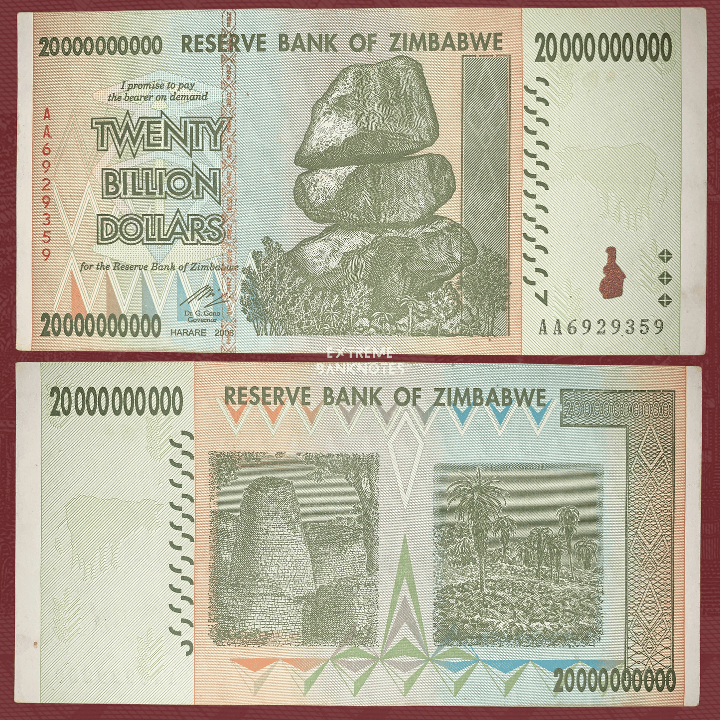 Authentic Zimbabwe 20 Billion Dollars banknote 2008 P-84 featuring Chiremba Balancing Rocks on the obverse and traditional grain storage with palm plantation on the reverse.