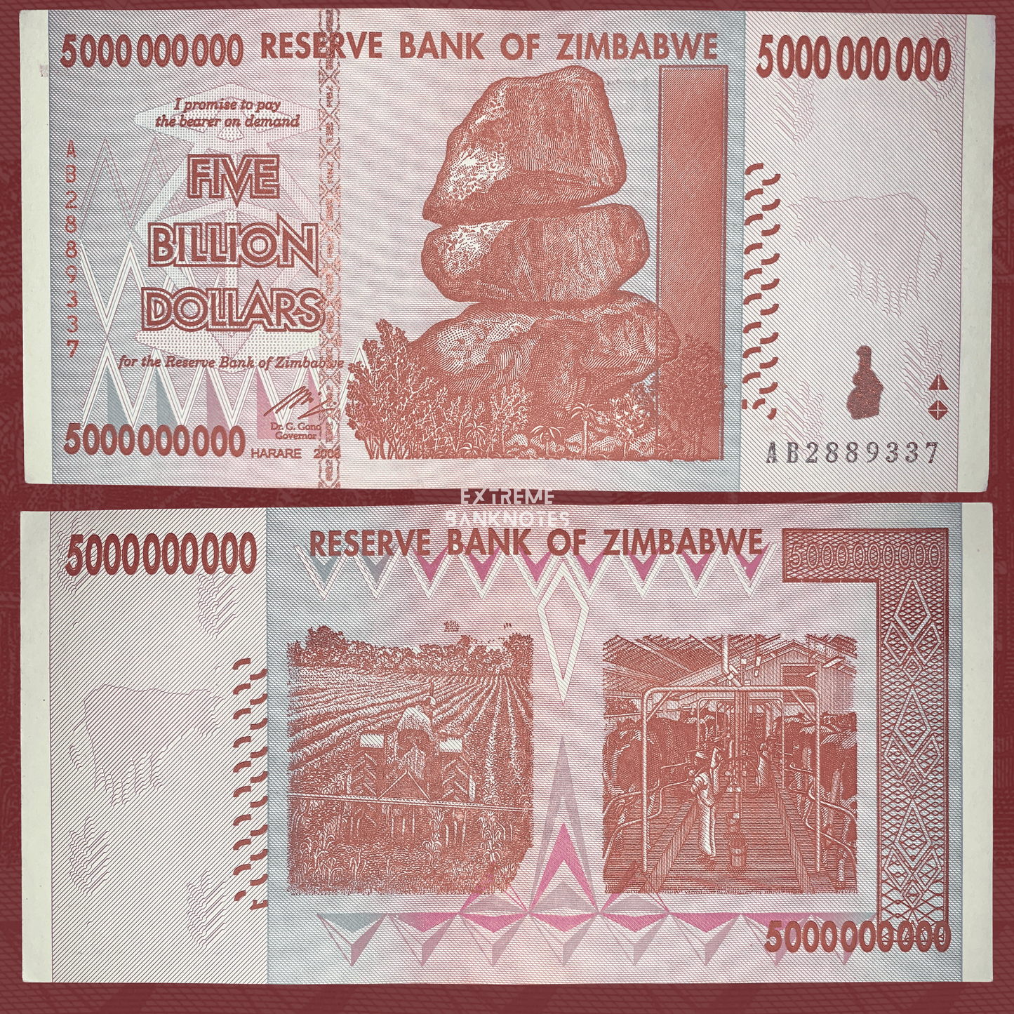 Authentic Zimbabwe 5 Billion Dollars banknote 2008 P-82 featuring Chiremba Balancing Rocks on the obverse and modern agriculture with dairy farming on the reverse.