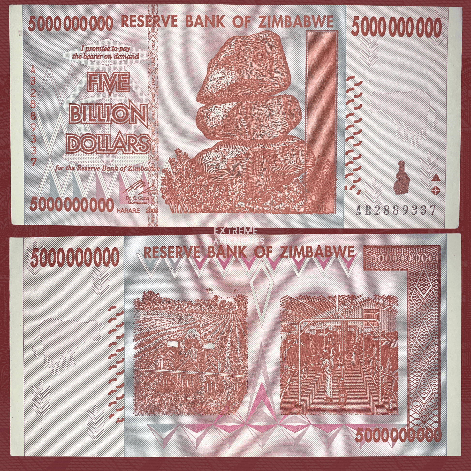 Authentic Zimbabwe 5 Billion Dollars banknote 2008 P-82 featuring Chiremba Balancing Rocks on the obverse and modern agriculture with dairy farming on the reverse.