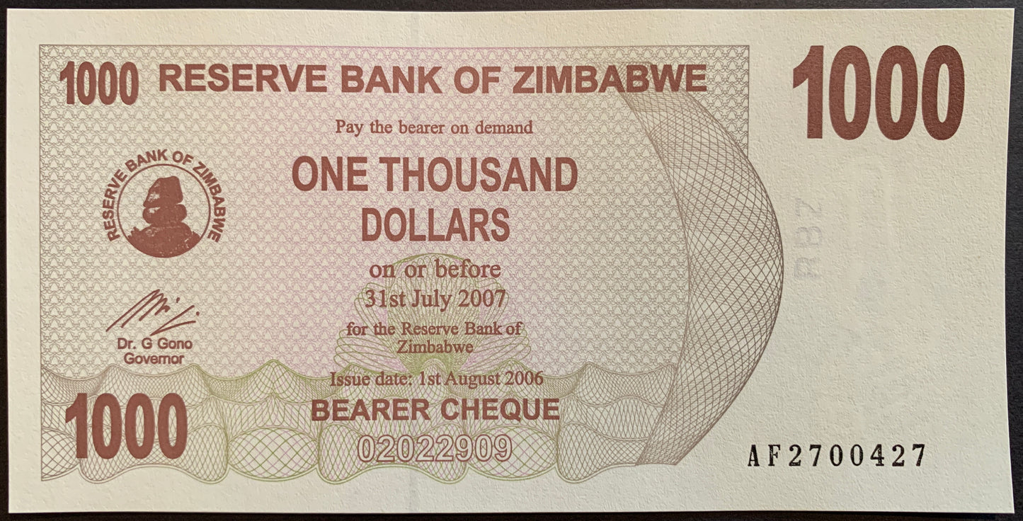 Zimbabwe 1000 Dollars 2006 P-44 hyperinflation banknote