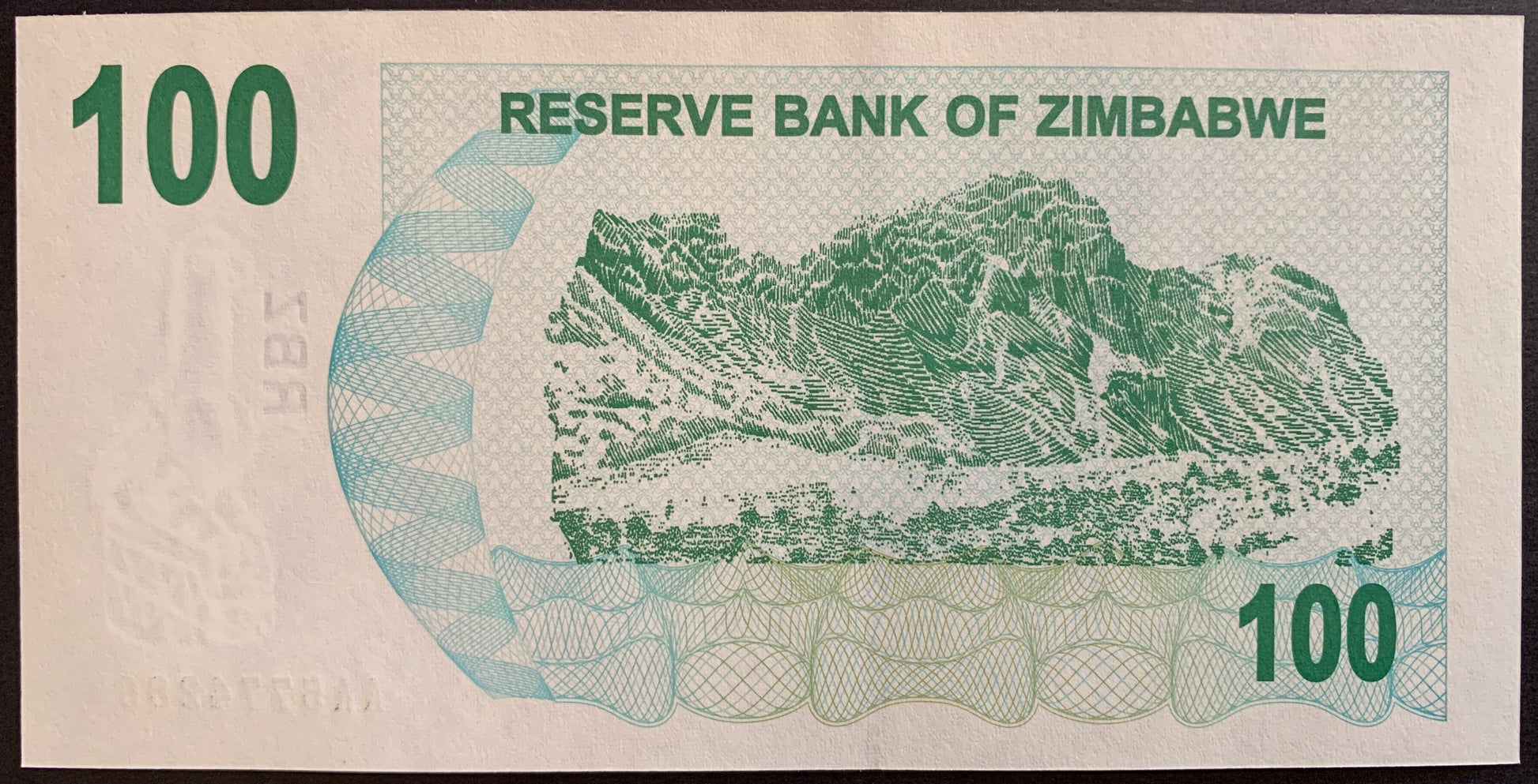 Zimbabwe 100 Dollars 2006 P-42 hyperinflationary bearers cheque with Terraced Hills
