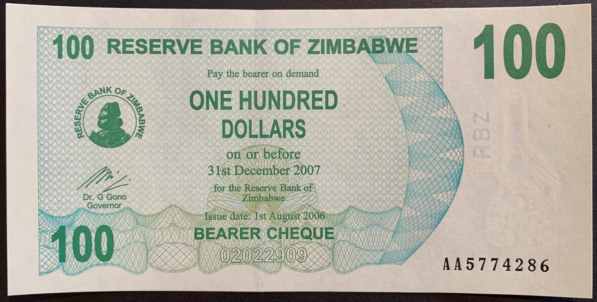 Zimbabwe 100 Dollars 2006 P-42 hyperinflation banknote