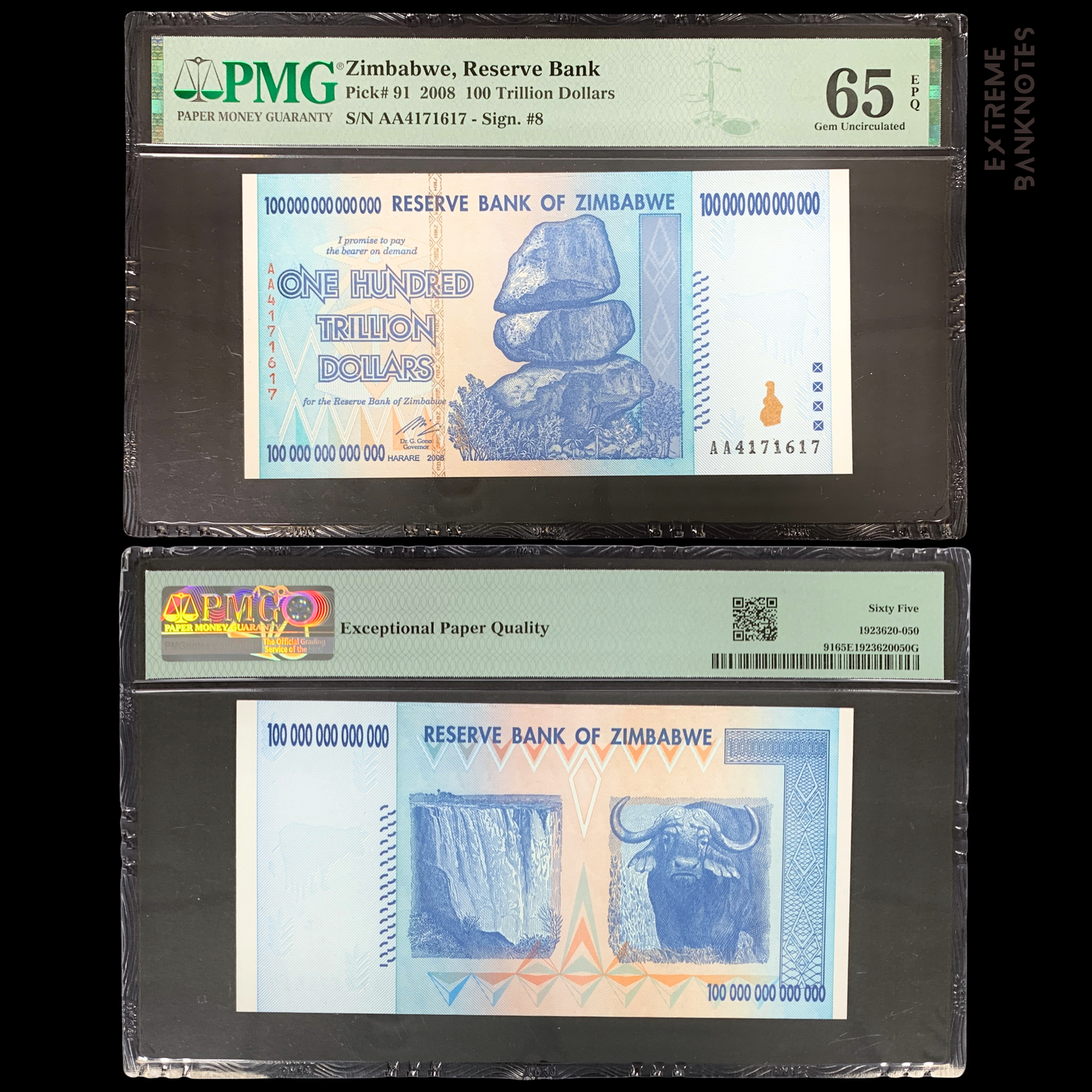 front and back of Zimbabwe 100 Trillion Dollars 0208 P-91 PMG 65 EPQ collectible graded banknote