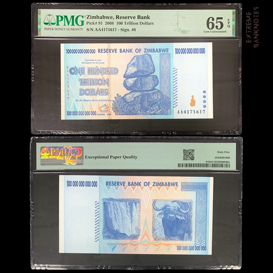front and back of Zimbabwe 100 Trillion Dollars 0208 P-91 PMG 65 EPQ collectible graded banknote