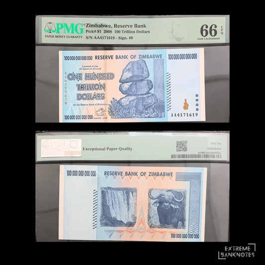Zimbabwe 100 Trillion Dollars 2008 P-91 PMG 66 EPQ – front and back