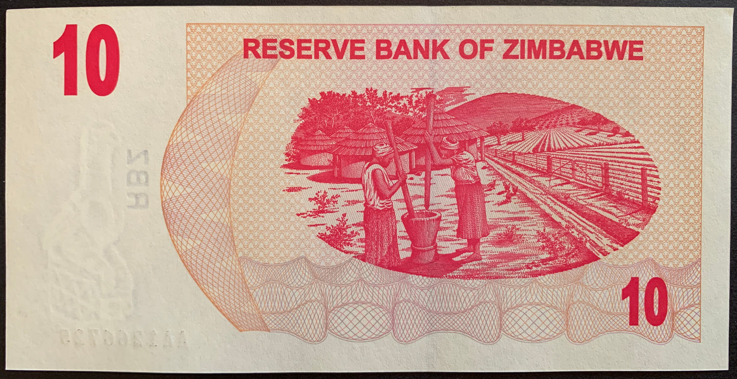 Zimbabwe 10 Dollars 2006 P-39 hyperinflationary bearers cheque with Two women mashing grain near huts
