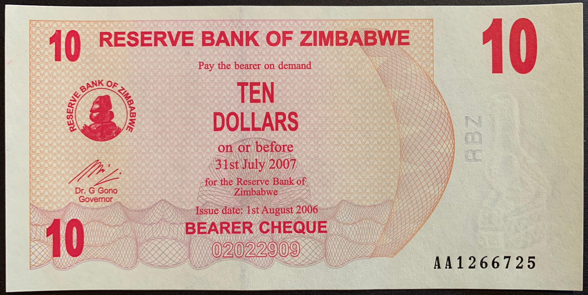 Zimbabwe 10 Dollars 2006 P-39 hyperinflation banknote